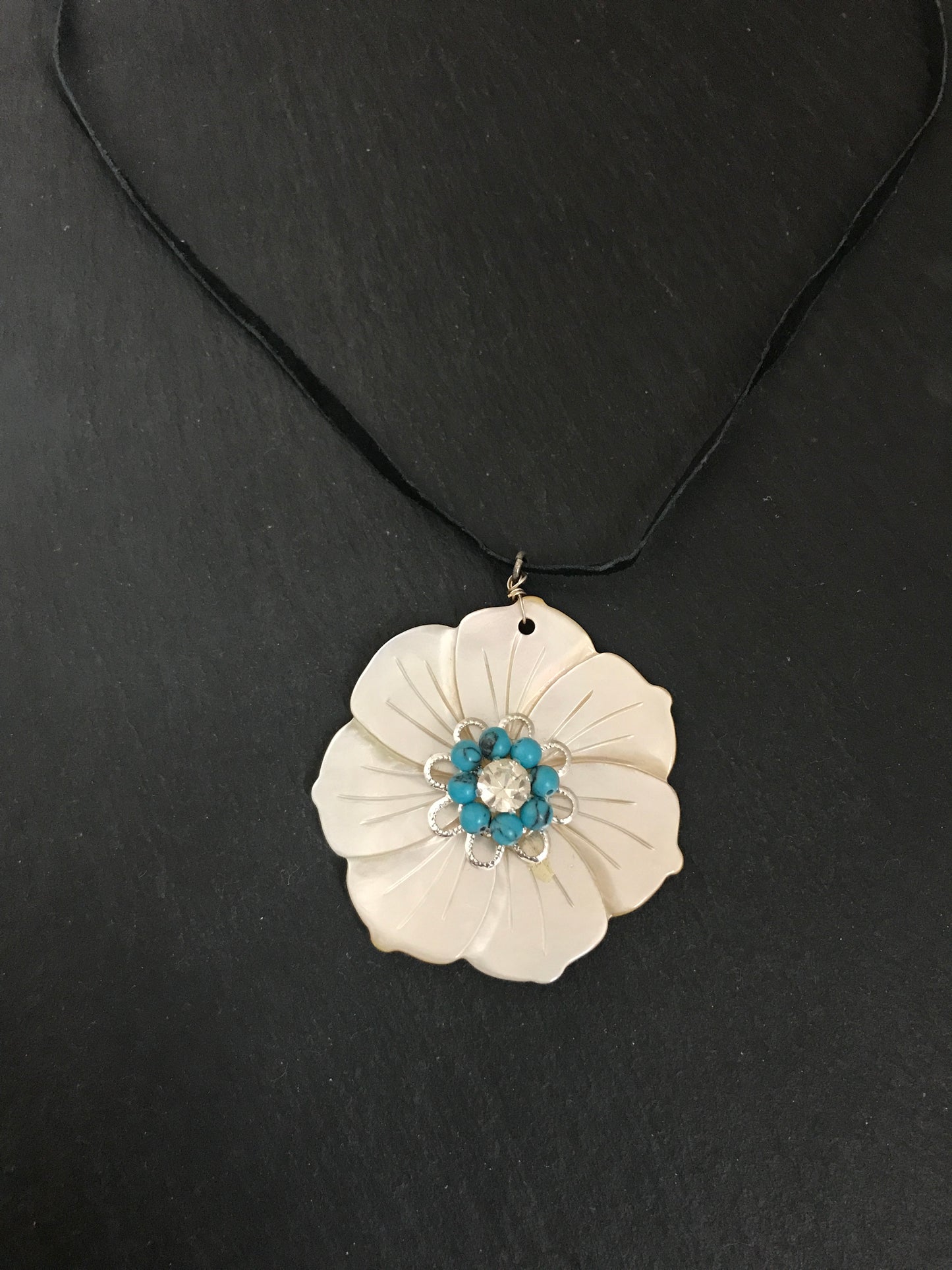 Mother of Pearl and Turquoise Howlite Flower Necklace image 0