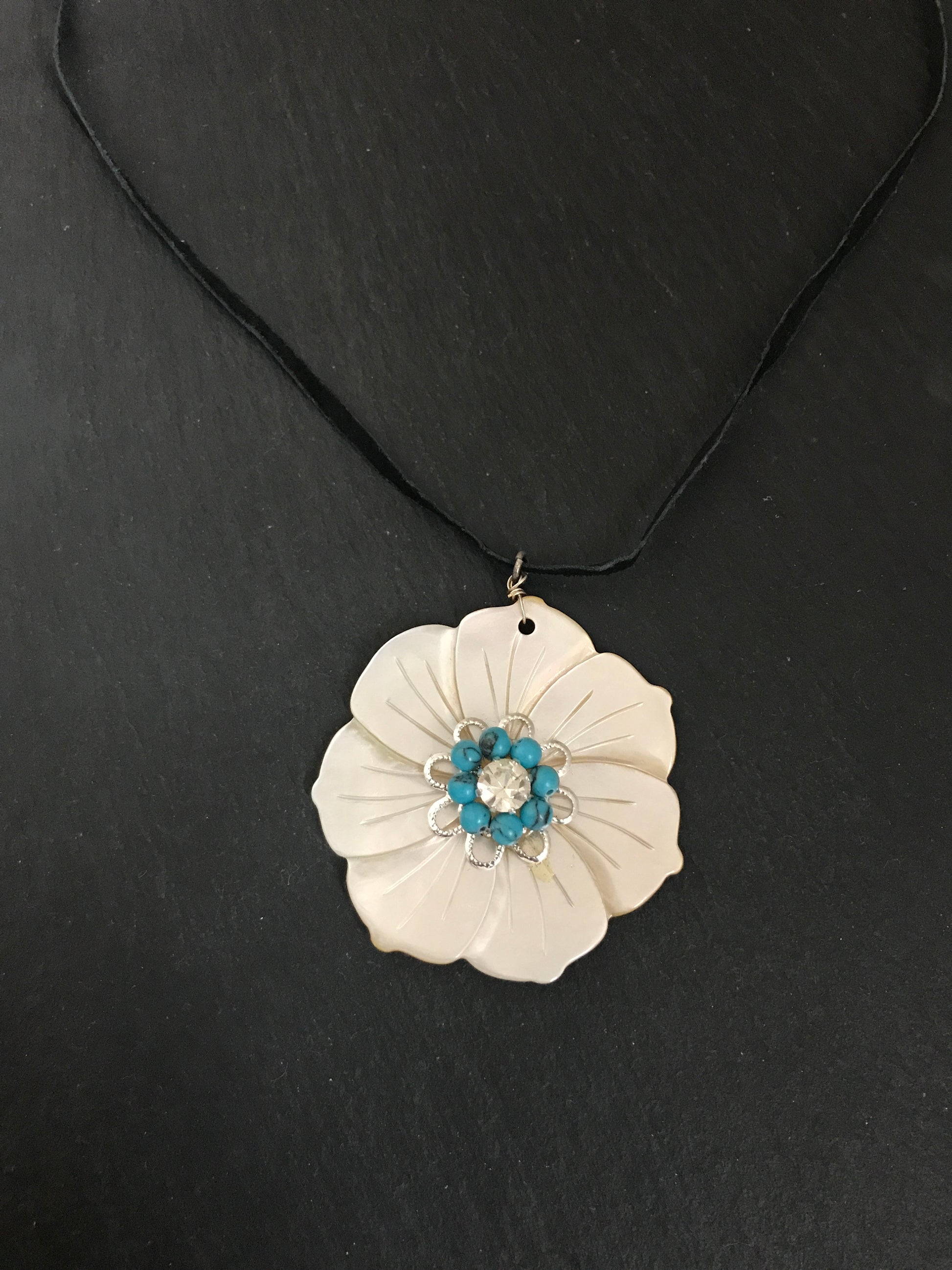 Mother of Pearl and Turquoise Howlite Flower Necklace image 0
