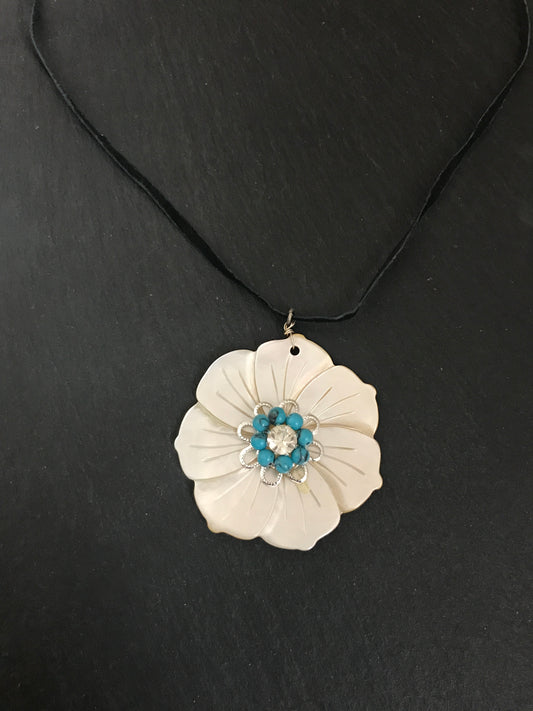 Mother of Pearl and Turquoise Howlite Flower Necklace image 0