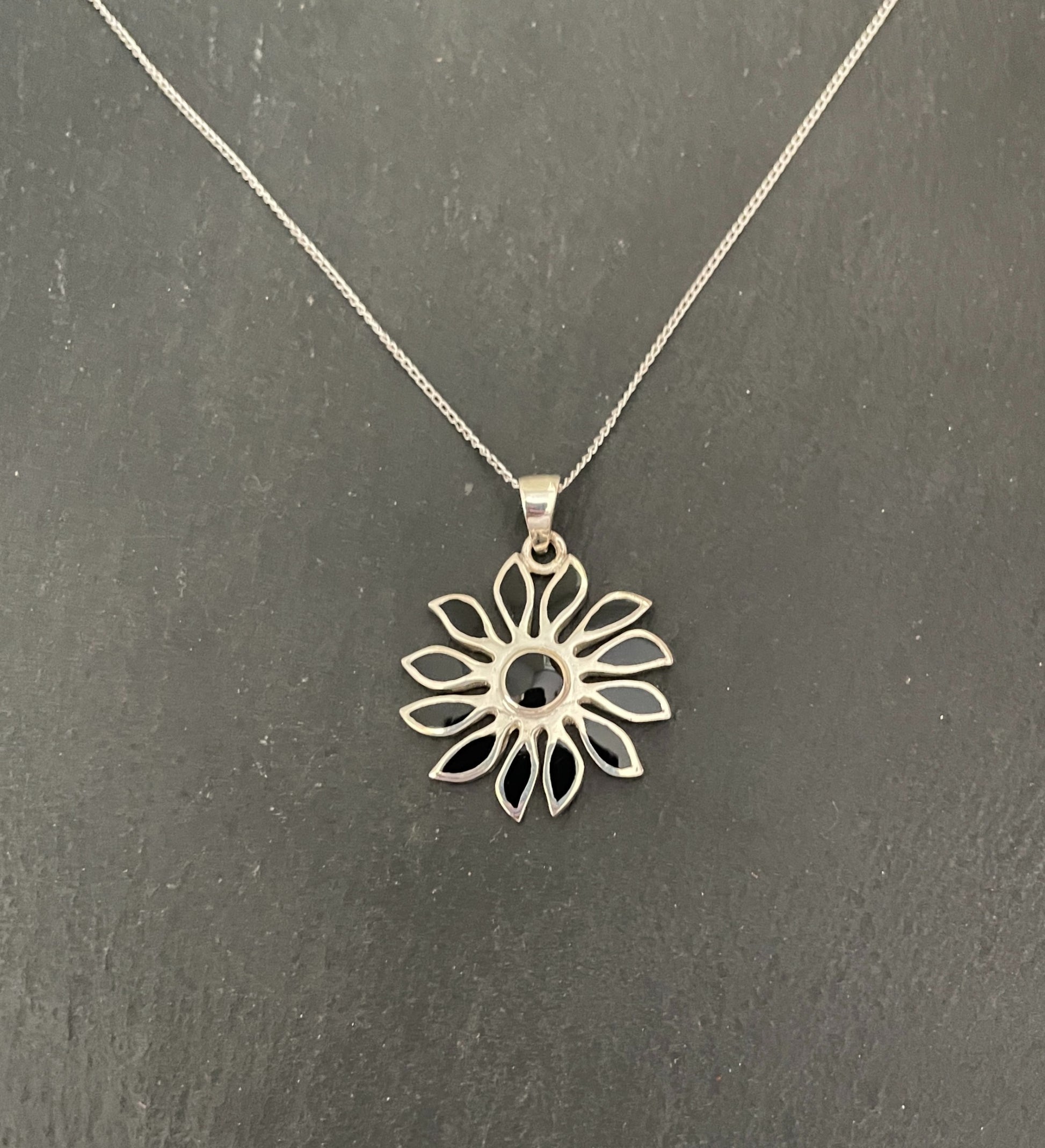 Black Onyx and Silver Flower Pendant image 0