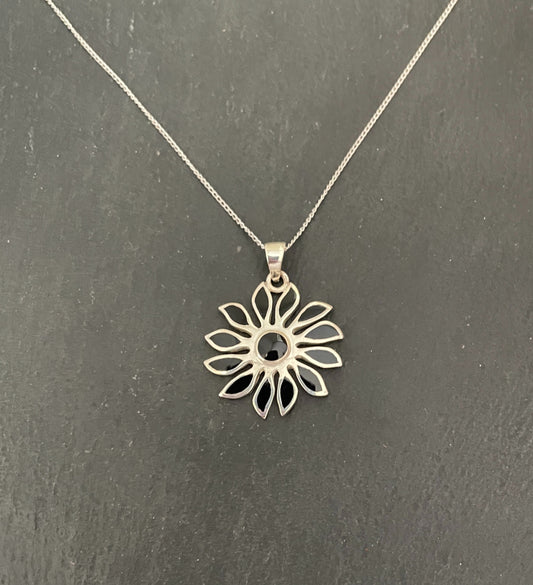 Black Onyx and Silver Flower Pendant image 0