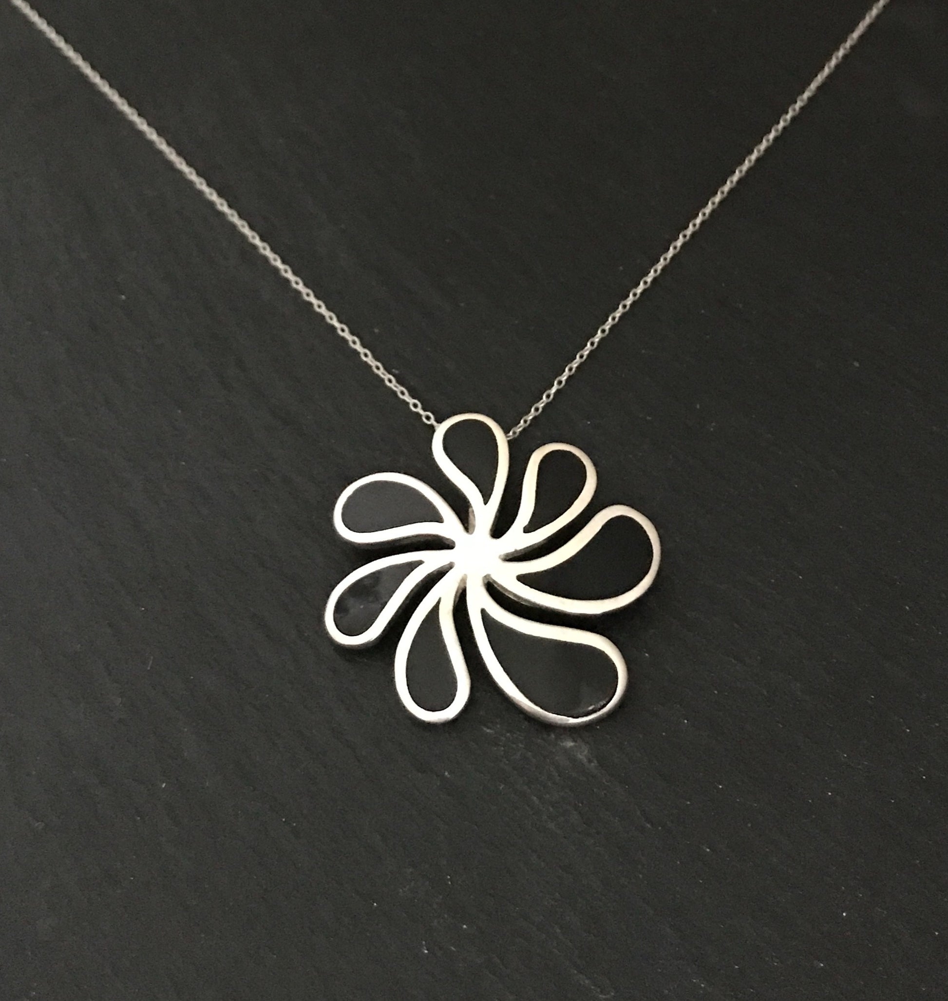 Black Onyx and Silver Flower Swirl Pendant image 0