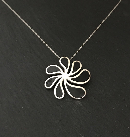 Black Onyx and Silver Flower Swirl Pendant image 0